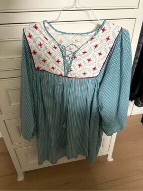 Maria de la Orden - Teal Striped Embroidered Dress